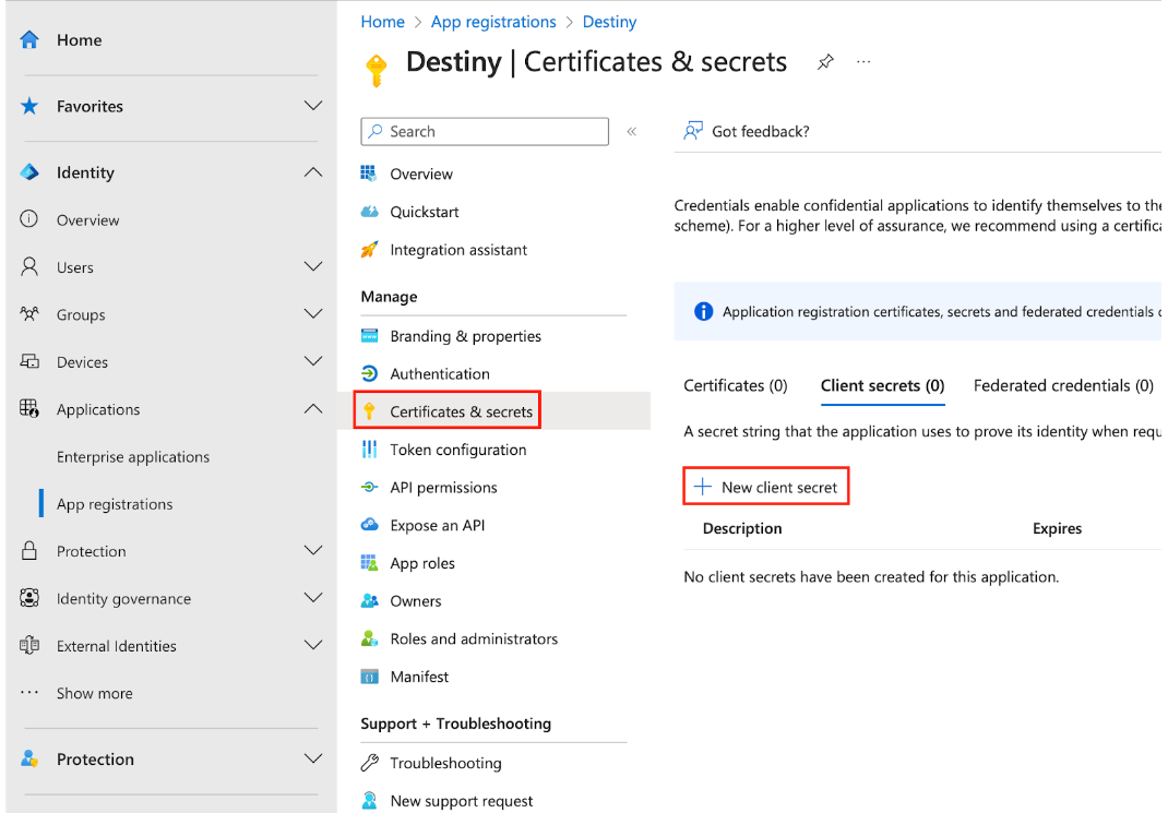 Microsoft Entra certificates and secrets page